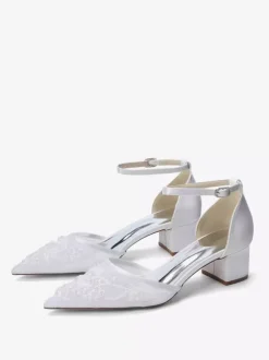 Ivory Bridal Shoes Lace Pointed Toe Ankle Strap Low Chunky Heel Wedding Shoes