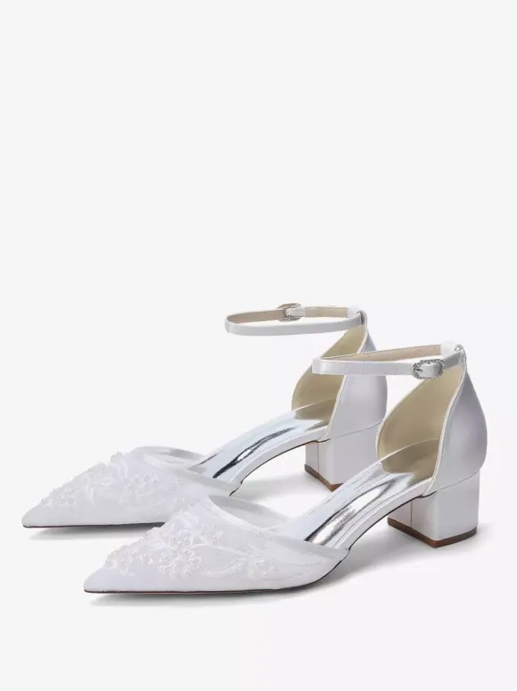 Ivory Bridal Shoes Lace Pointed Toe Ankle Strap Low Chunky Heel Wedding Shoes