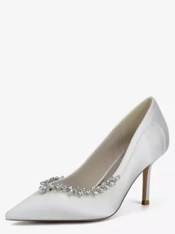 Ivory Bridal Shoes Pointed Toe Rhinestones Slip On High Heel Pumps
