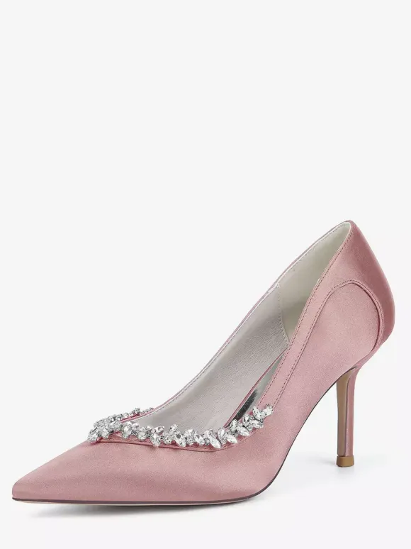 Ivory Bridal Shoes Pointed Toe Rhinestones Slip On High Heel Pumps