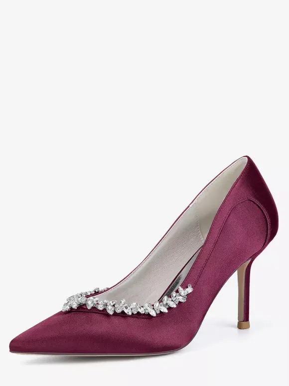 Ivory Bridal Shoes Pointed Toe Rhinestones Slip On High Heel Pumps
