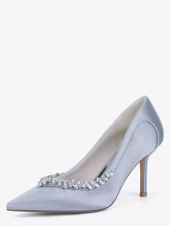 Ivory Bridal Shoes Pointed Toe Rhinestones Slip On High Heel Pumps