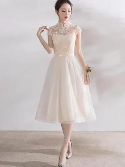 Ivory Cocktail Dress Short Mandarin Collar Lace Applique Cap Sleeve Bow Sash Illusion Organza Homecoming Dress