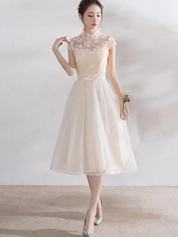 Ivory Cocktail Dress Short Mandarin Collar Lace Applique Cap Sleeve Bow Sash Illusion Organza Homecoming Dress