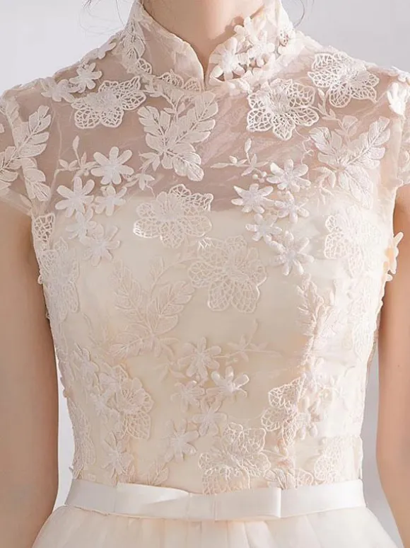 Ivory Cocktail Dress Short Mandarin Collar Lace Applique Cap Sleeve Bow Sash Illusion Organza Homecoming Dress