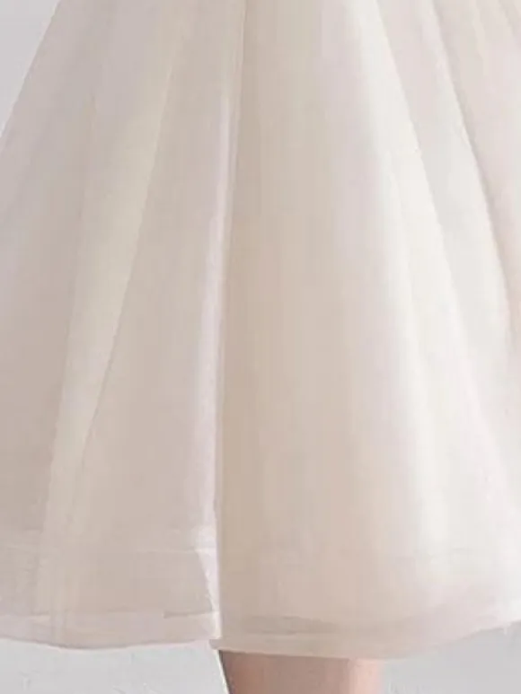 Ivory Cocktail Dress Short Mandarin Collar Lace Applique Cap Sleeve Bow Sash Illusion Organza Homecoming Dress