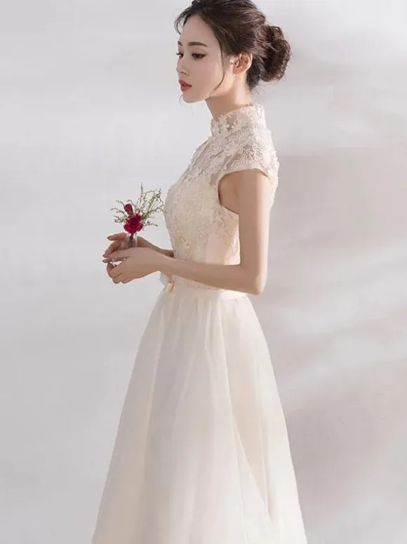 Ivory Cocktail Dress Short Mandarin Collar Lace Applique Cap Sleeve Bow Sash Illusion Organza Homecoming Dress