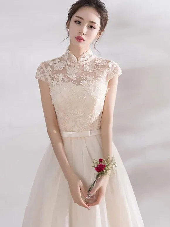 Ivory Cocktail Dress Short Mandarin Collar Lace Applique Cap Sleeve Bow Sash Illusion Organza Homecoming Dress
