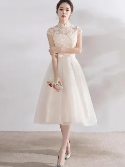 Ivory Cocktail Dress Short Mandarin Collar Lace Applique Cap Sleeve Bow Sash Illusion Organza Homecoming Dress