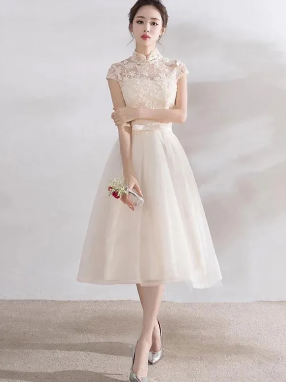 Ivory Cocktail Dress Short Mandarin Collar Lace Applique Cap Sleeve Bow Sash Illusion Organza Homecoming Dress
