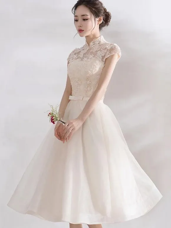 Ivory Cocktail Dress Short Mandarin Collar Lace Applique Cap Sleeve Bow Sash Illusion Organza Homecoming Dress