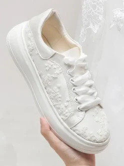 Ivory Flat Bridal Shoes Flower Details Lace Up Flat Wedding Shoes