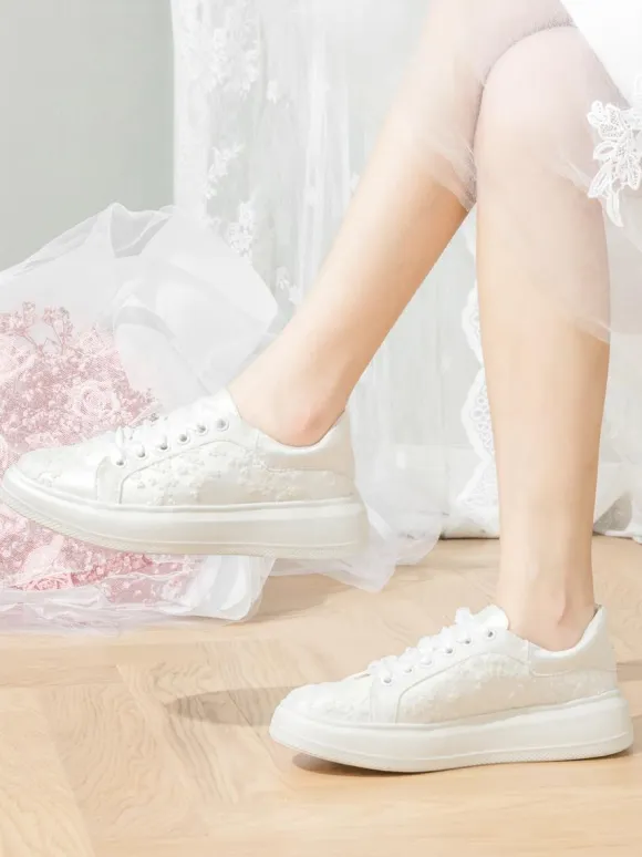 Ivory Flat Bridal Shoes Flower Details Lace Up Flat Wedding Shoes