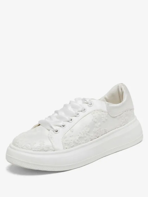 Ivory Flat Bridal Shoes Flower Details Lace Up Flat Wedding Shoes