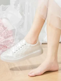 Ivory Flat Bridal Shoes Flower Details Lace Up Flat Wedding Shoes