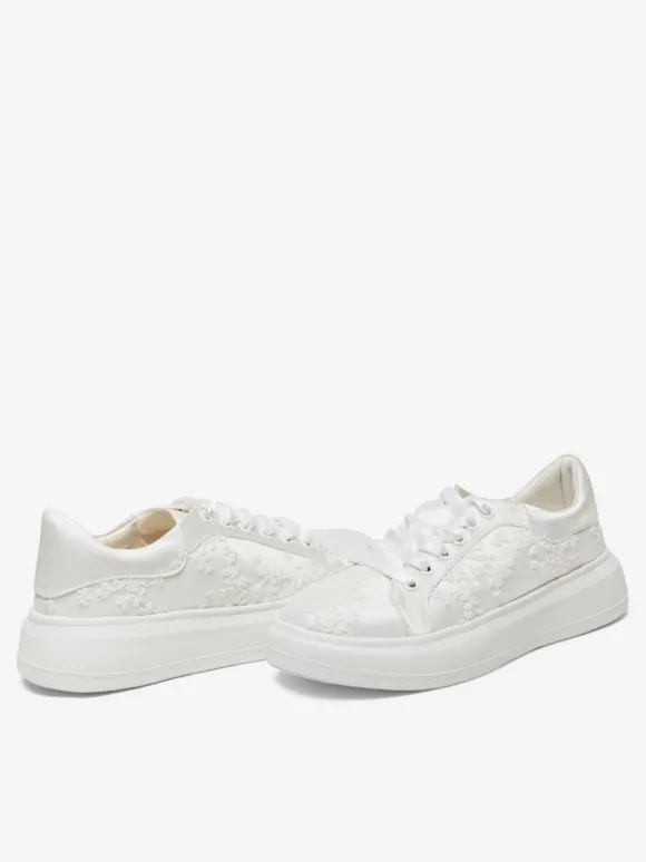Ivory Flat Bridal Shoes Flower Details Lace Up Flat Wedding Shoes