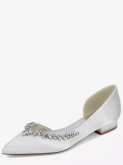 Ivory Flat Wedding Shoes Satin Pointy Toe Rhinestones Bridal Shoes