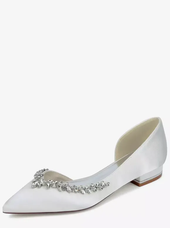 Ivory Flat Wedding Shoes Satin Pointy Toe Rhinestones Bridal Shoes