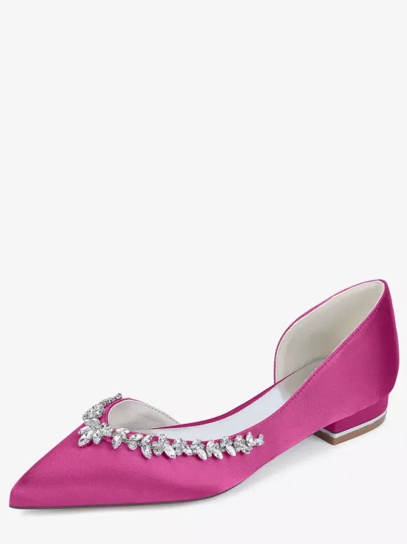 Ivory Flat Wedding Shoes Satin Pointy Toe Rhinestones Bridal Shoes