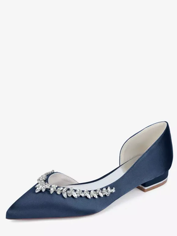 Ivory Flat Wedding Shoes Satin Pointy Toe Rhinestones Bridal Shoes