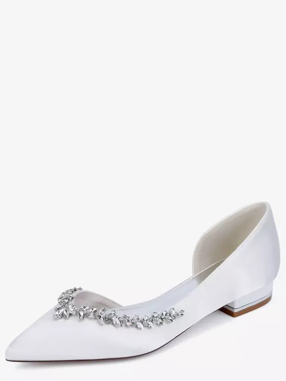 Ivory Flat Wedding Shoes Satin Pointy Toe Rhinestones Bridal Shoes