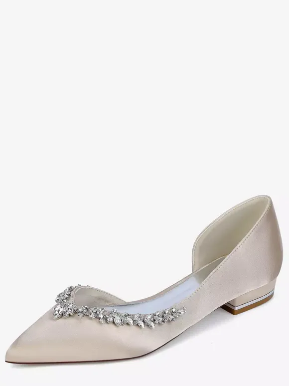 Ivory Flat Wedding Shoes Satin Pointy Toe Rhinestones Bridal Shoes