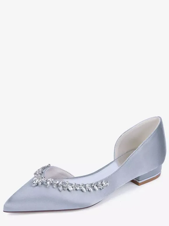 Ivory Flat Wedding Shoes Satin Pointy Toe Rhinestones Bridal Shoes
