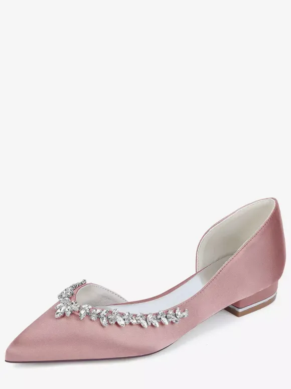 Ivory Flat Wedding Shoes Satin Pointy Toe Rhinestones Bridal Shoes