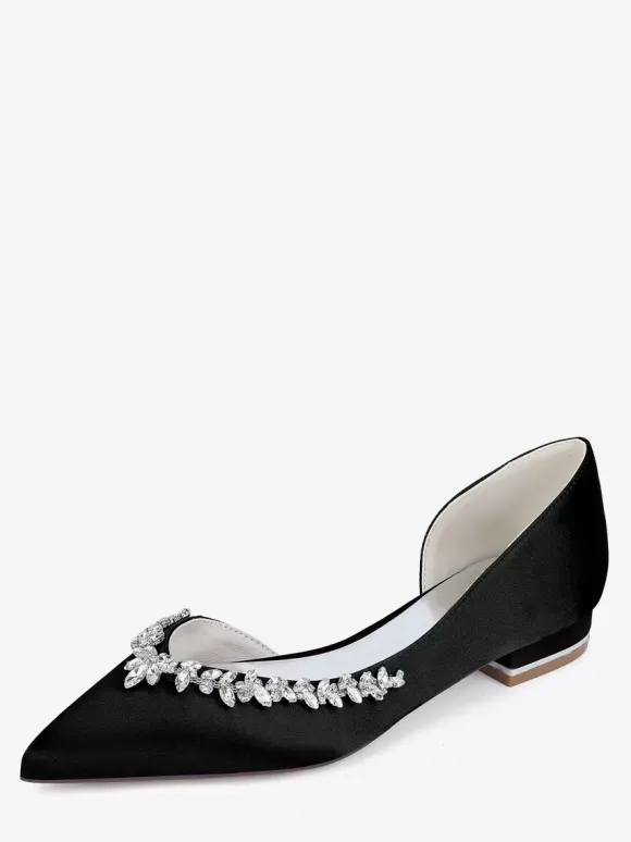 Ivory Flat Wedding Shoes Satin Pointy Toe Rhinestones Bridal Shoes