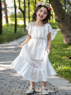 Ivory Flower Girl Dresses Bateau Neck Sleeveless Pleated Cotton Blend Lace Kids Birthday Party Dresses