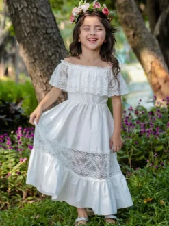 Ivory Flower Girl Dresses Bateau Neck Sleeveless Pleated Cotton Blend Lace Kids Birthday Party Dresses