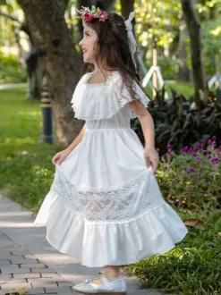 Ivory Flower Girl Dresses Bateau Neck Sleeveless Pleated Cotton Blend Lace Kids Birthday Party Dresses