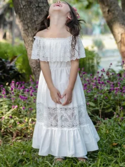 Ivory Flower Girl Dresses Bateau Neck Sleeveless Pleated Cotton Blend Lace Kids Birthday Party Dresses