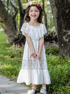 Ivory Flower Girl Dresses Bateau Neck Sleeveless Pleated Cotton Blend Lace Kids Birthday Party Dresses
