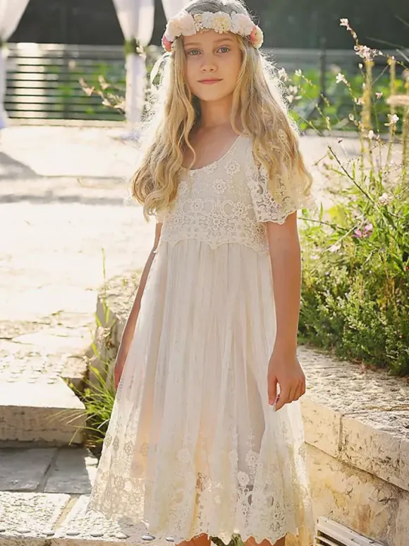Ivory Flower Girl Dresses Jewel Neck Short Sleeves Lace Formal Kids Pageant Dresses Free Customization