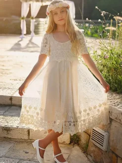 Ivory Flower Girl Dresses Jewel Neck Short Sleeves Lace Formal Kids Pageant Dresses Free Customization