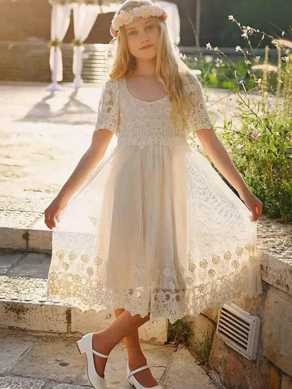 Ivory Flower Girl Dresses Jewel Neck Short Sleeves Lace Formal Kids Pageant Dresses Free Customization