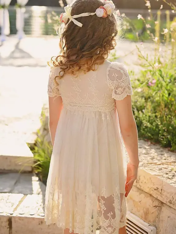Ivory Flower Girl Dresses Jewel Neck Short Sleeves Lace Formal Kids Pageant Dresses Free Customization