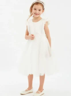 Ivory Flower Girl Dress Jewel Neck Short Sleeves Birthday Party Dresses