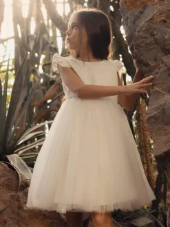 Ivory Flower Girl Dress Jewel Neck Short Sleeves Birthday Party Dresses