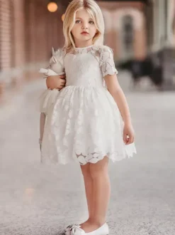 Ivory Flower Girl Dress Lace Cut Out Jewel Neck Short Sleeves Kids Birthday Party Dresses