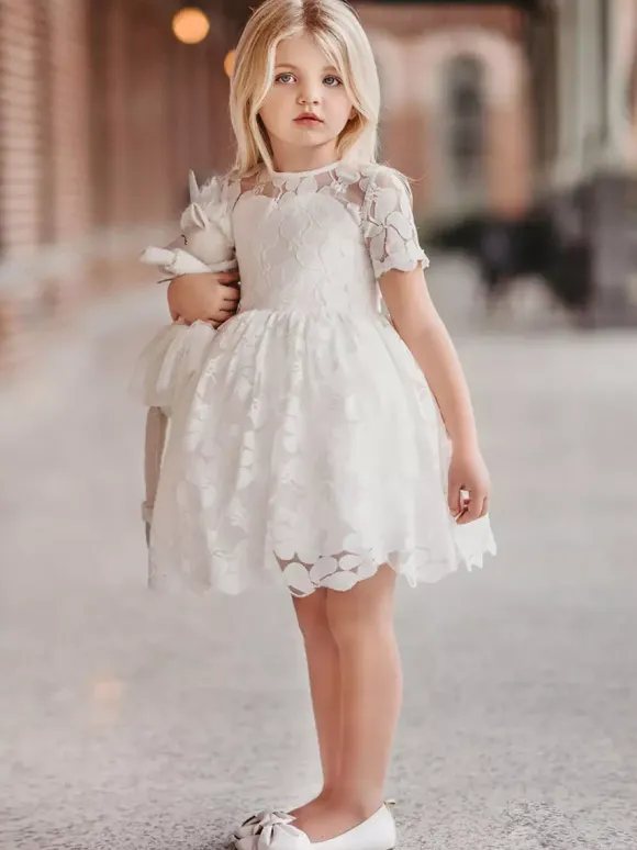Ivory Flower Girl Dress Lace Cut Out Jewel Neck Short Sleeves Kids Birthday Party Dresses