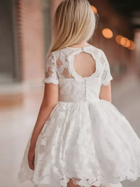 Ivory Flower Girl Dress Lace Cut Out Jewel Neck Short Sleeves Kids Birthday Party Dresses