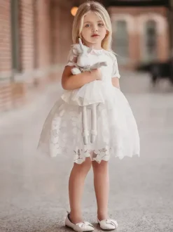 Ivory Flower Girl Dress Lace Cut Out Jewel Neck Short Sleeves Kids Birthday Party Dresses