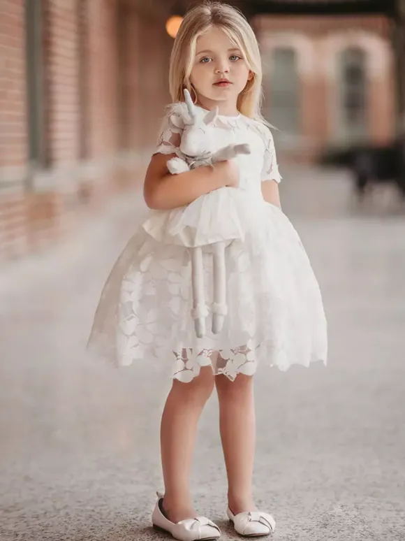 Ivory Flower Girl Dress Lace Cut Out Jewel Neck Short Sleeves Kids Birthday Party Dresses