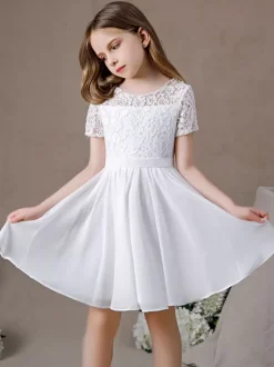 Ivory Flower Girl Dress Lace Jewel Neck Short Sleeves Kids Birthday Party Dresses