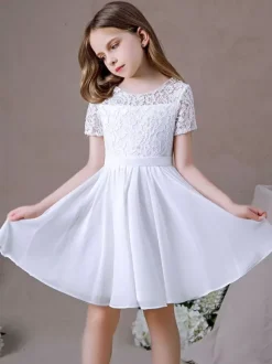 Ivory Flower Girl Dress Lace Jewel Neck Short Sleeves Kids Birthday Party Dresses