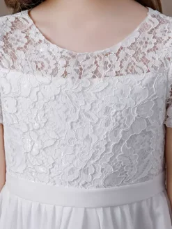 Ivory Flower Girl Dress Lace Jewel Neck Short Sleeves Kids Birthday Party Dresses