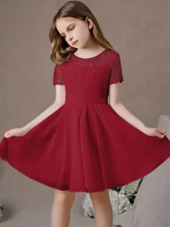 Ivory Flower Girl Dress Lace Jewel Neck Short Sleeves Kids Birthday Party Dresses