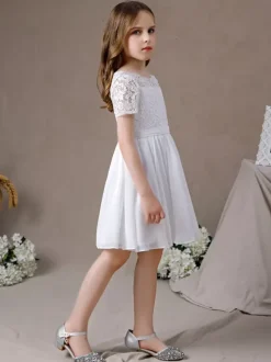 Ivory Flower Girl Dress Lace Jewel Neck Short Sleeves Kids Birthday Party Dresses